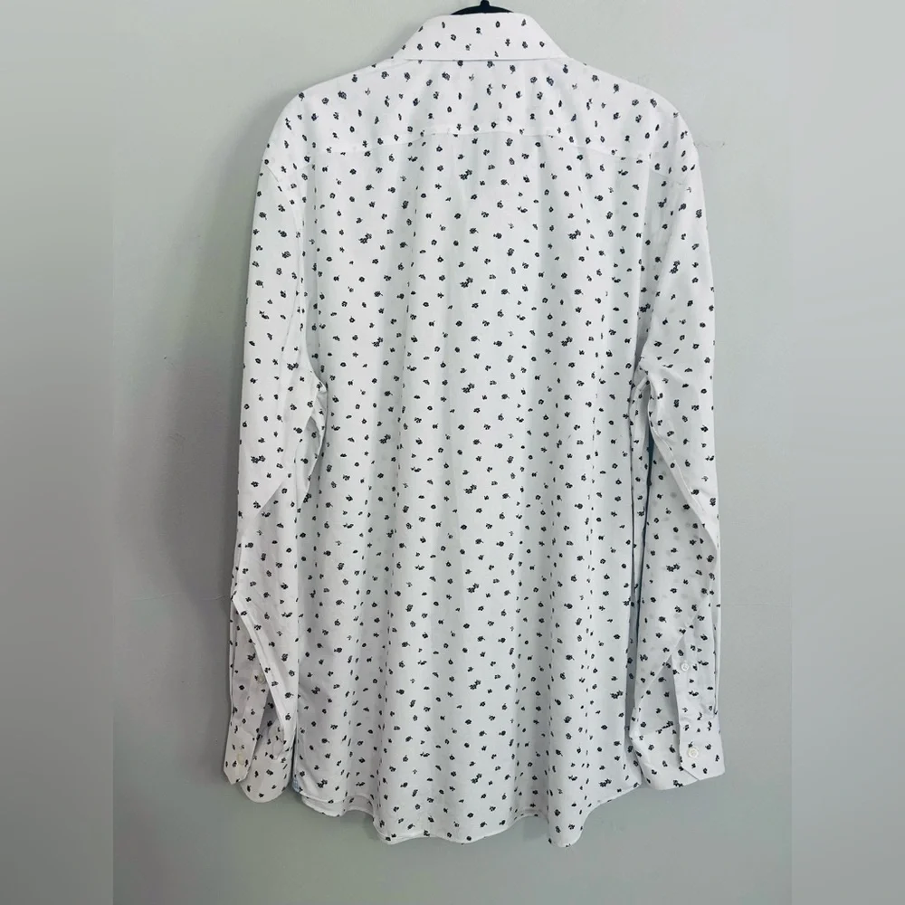 Banana Republic Men Slim Fit White Black Floral Non-Iron Cotton Dress Shirt Sz L